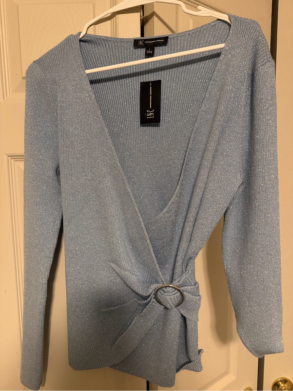 INC International Concepts Metallic Light Blue Wrap Top with Ring Tie